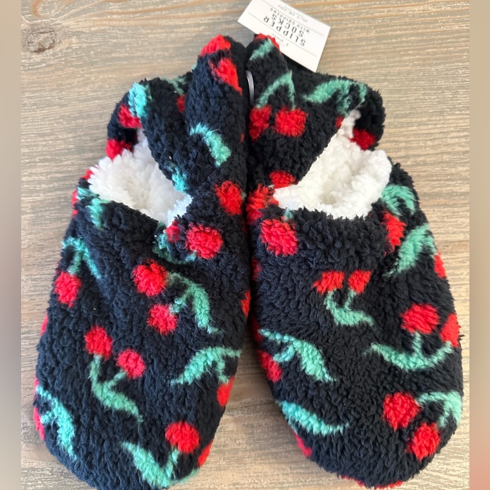 Cozy Black Slipper Socks with Red Cherries Warm Winter
